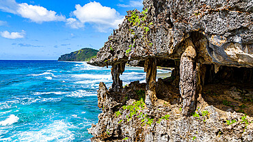 Aerial of La Gueule du Monstre (the Monster's Mouth) cave, Rurutu, Austral islands, French Polynesia, South Pacific, Pacific