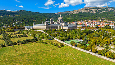 Aerial of El Escorial (Royal Site of San Lorenzo de El Escorial), UNESCO World Heritage Site, near Madrid, Spain, Europe