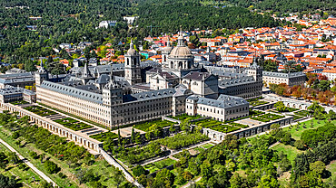 Aerial of El Escorial (Royal Site of San Lorenzo de El Escorial), UNESCO World Heritage Site, near Madrid, Spain, Europe