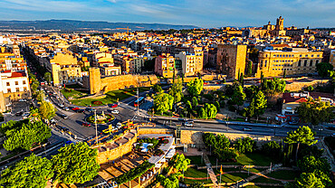 Aerial of the old town early morning, Tarraco (Tarragona), Catalonia, Spain, Europe