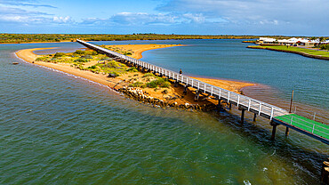 Aerial, the long pedestrian bridge at the ocean, Carnarvon, Western Australia, Australia, Pacific