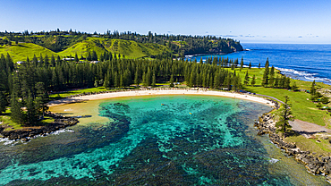 Aerial of Emily Bay, UNESCO World Heritage Site, Norfolk Island, Australia, Pacific