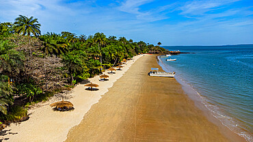 Aerial of a sandy beach on Rubane island, Bijagos archipelago, Guinea Bissau, Africa