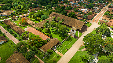 Aerial of the San Miguel Mission, Jesuit Missions of Chiquitos, UNESCO World Heritage Site, Santa Cruz department, Bolivia, South America