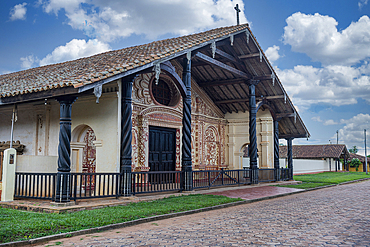 Painted front portal, San Rafael de Velasco Mission, Jesuit Missions of Chiquitos, UNESCO World Heritage Site, Santa Cruz department, Bolivia, South America