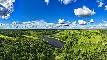 Aerial of a lake near the Santa Ana Mission, Jesuit Missions of Chiquitos, Santa Cruz department, Bolivia, South America