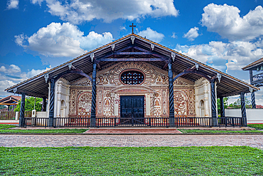 Painted front portal, San Rafael de Velasco Mission, Jesuit Missions of Chiquitos, UNESCO World Heritage Site, Santa Cruz department, Bolivia, South America