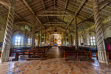 Colourful painted San Javier Mission, Jesuit Missions of Chiquitos, UNESCO World Heritage Site, Santa Cruz department, Bolivia, South America