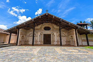 Colourful painted front portal, San Javier Mission, Jesuit Missions of Chiquitos, UNESCO World Heritage Site, Santa Cruz department, Bolivia, South America