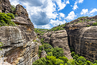 Sandstone cliffs at Pedra Furada, Serra da Capivara National Park, UNESCO World Heritage Site, Piaui, Brazil, South America