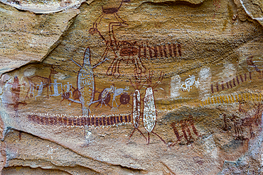 Rock art painting at Pedra Furada, Serra da Capivara National Park, UNESCO World Heritage Site, Piaui, Brazil, South America