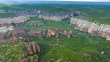 Aerial of the Sandstone cliffs in the Serra da Capivara National Park, UNESCO World Heritage Site, Piaui, Brazil, South America