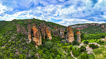 Aerial of the Sandstone cliffs in the Serra da Capivara National Park, UNESCO World Heritage Site, Piaui, Brazil, South America