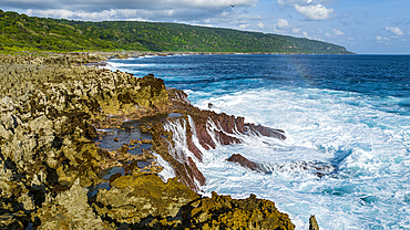 Aerial of the rugged coastline and the blowholes, Christmas Island, Australian Indian Ocean Territory, Australia, Indian Ocean