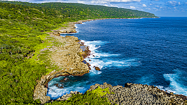 Aerial of the rugged coastline and the blowholes, Christmas Island, Australian Indian Ocean Territory, Australia, Indian Ocean