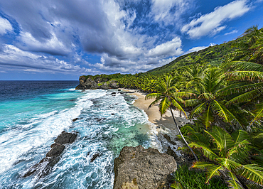 Panoramic aerial of Dolly beach, Christmas Island, Australian Indian Ocean Territory, Australia, Indian Ocean