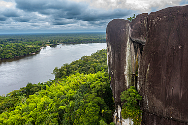 Aerial of the Curimacare Rock on the Casiquiare River in the deep south of Venezuela, South America