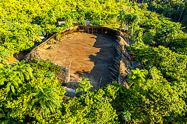 Aerial of a shabono (yanos), the traditional communal dwellings of the Yanomami tribes of Southern Venezuela, Venezuela, South America