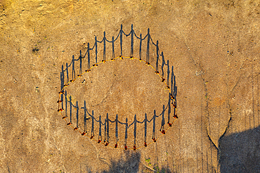 Aerial view of Yanomami tribe, in a circle, and shadows, southern Venezuela, South America