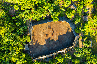 Aerial of a shabono (yanos), the traditional communal dwellings of the Yanomami tribes of Southern Venezuela, Venezuela, South America