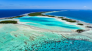 Aerial of the Blue Lagoon, Rangiroa atoll, Tuamotus, French Polynesia, South Pacific, Pacific