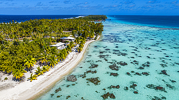 Aerial of the lagoon of Fakarava, Tuamotu archipelago, French Polynesia, South Pacific, Pacific