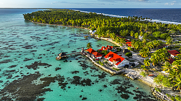 Aerial of Fakarava lagoon, Tuamotu archipelago, French Polynesia, South Pacific, Pacific