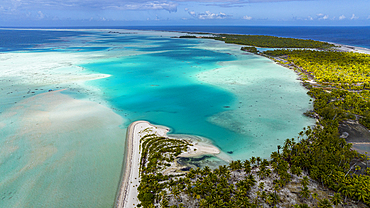 Aerial of the green lagoon, Fakarava, Tuamotu archipelago, French Polynesia, South Pacific, Pacific