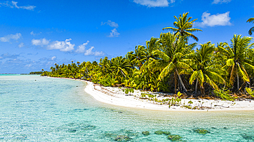 Aerial of the blue lagoon, Fakarava, Tuamotu archipelago, French Polynesia, South Pacific, Pacific