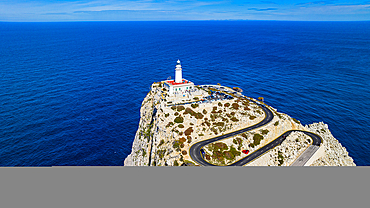 Aerial of the Formentor lighthouse, Mallorca, Balearic Islands, Spain, Mediterranean, Europe