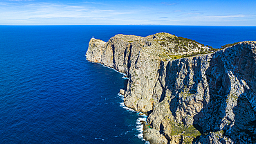 Aerial of the Formentor lighthouse, Mallorca, Balearic Islands, Spain, Mediterranean, Europe