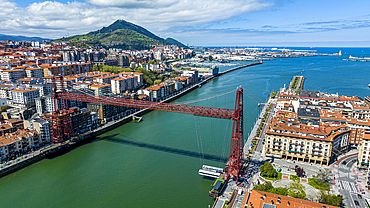 Aerial of Vizcaya Bridge, UNESCO World Heritage Site, Bilbao, Basque country, Spain, Europe