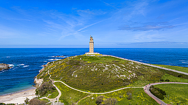 Aerial of the Tower of Hercules, UNESCO World Heritage Site, La Coruna, Galicia, Spain, Europe