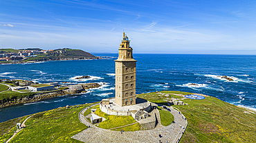 Aerial of the Tower of Hercules, UNESCO World Heritage Site, La Coruna, Galicia, Spain, Europe