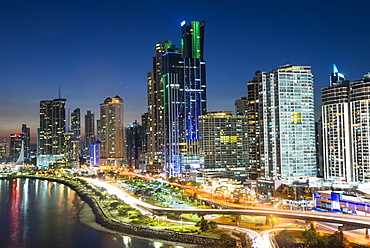 The skyline of Panama City at night, Panama City, Panama, Central America