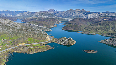 Aerial of the mountains and Embalse de Luna lake, Asturias, Spain, Europe