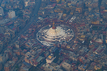 Aerial of the Boudhanath Stupa, UNESCO World Heritage Site, Kathmandu, Nepal, Asia