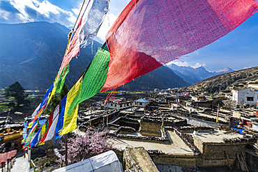 Historical village of Marpha and prayer flags, Jomsom, Himalayas, Nepal, Asia