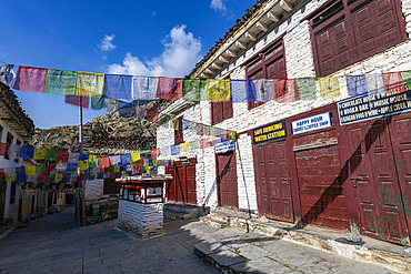 Historical village of Marpha and prayer flags, Jomsom, Himalayas, Nepal, Asia