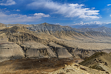 Eroded mountain landscape in the Kingdom of Mustang, Himalayas, Nepal, Asia