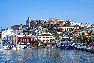 The old town of Ibiza with its castle seen from the harbor, UNESCO World Heritage Site, Ibiza, Balearic Islands, Spain, Mediterranean, Europe