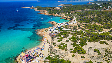 Aerial of Comte beach with its turquoise waters, Ibiza, Balearic Islands, Spain, Mediterranean, Europe