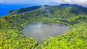 Aerial of the volcanic crater with Lake Mazafim, island of Annobon, Equatorial Guinea, Africa