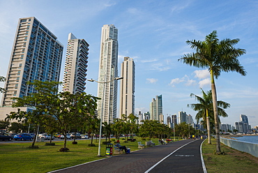 Walkway and the skyline of Panama City, Panama, Central America