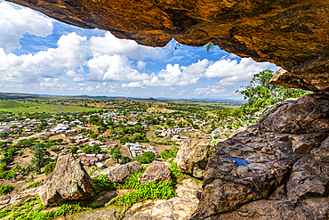 View over the village of Rhumsiki from a cave, Mandara mountains, Far North province, Cameroon, Africa