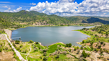 Aerial of the artificial lake near Zahoura, Northern Cameroon, Africa