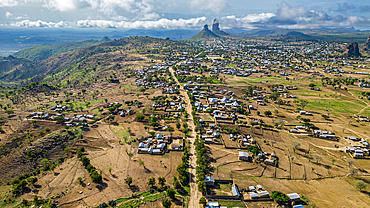 Aerial of Rhumsiki peak in the lunar landscape of Rhumsiki, Mandara mountains, Far North province, Cameroon, Africa