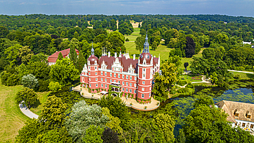 Aerial of Muskau Castle, Muskau (Muskauer) Park, UNESCO World Heritage Site, Bad Muskau, Saxony, Germany, Europe