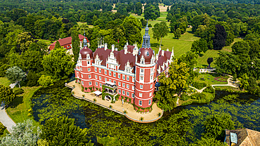 Aerial of Muskau Castle, Muskau (Muskauer) Park, UNESCO World Heritage Site, Bad Muskau, Saxony, Germany, Europe