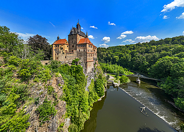 Aerial of Kriebstein Castle, on the Zschopau River, Kriebstein, Saxony, Germany, Europe